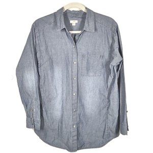 J Jill Denim Blouse Womens Size 8 Chambray Shirt Button Up 100% Cotton Blue